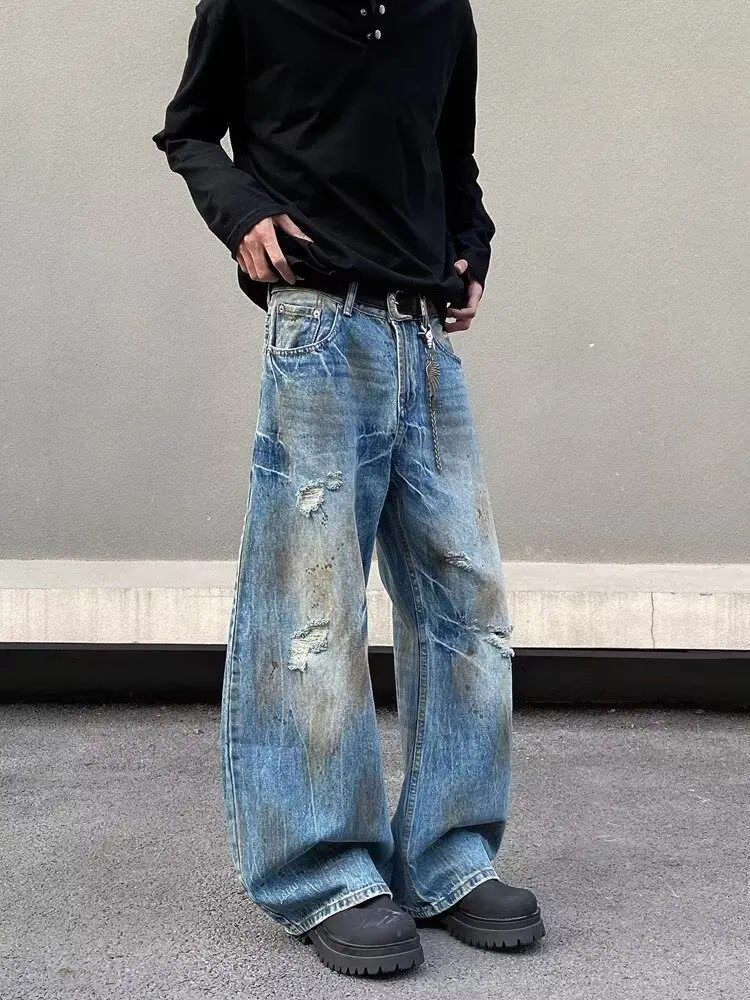 2000S Kleidung Y2K Grunge Old Dirty Washed Blue Baggy Zerrissene Jeans Hosen Für Männer 90S Vintage Kleidung Denim Hosen Ropa Hombre – Detail 9