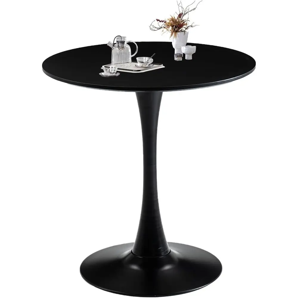 

27.6 Round Dining Table with Metal Pedestal Base, Suitable for 1-2 People, Modern MDF Top, Black for Home Dining Rooms
