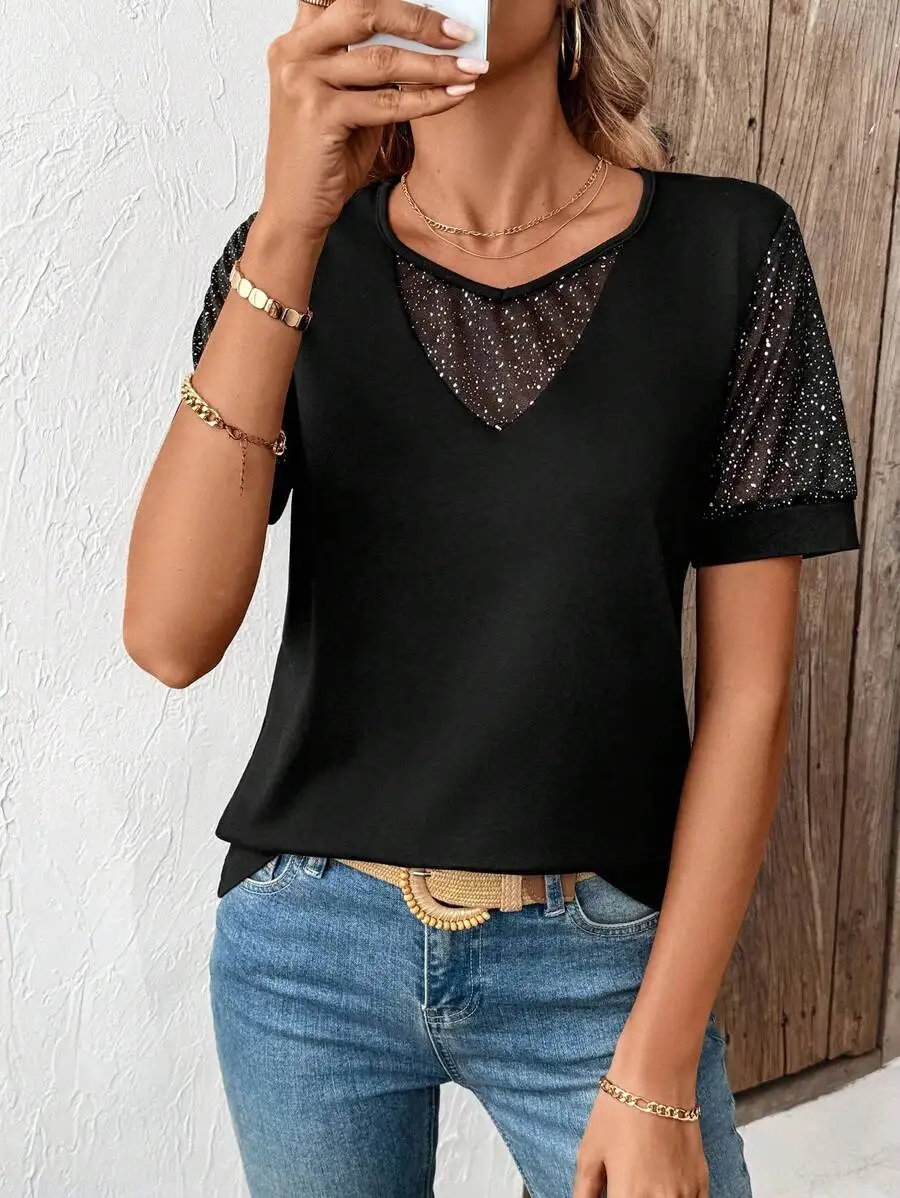 

Summer New Fashion Mesh Splicing Short Sleeve Solid Color Top Fake Two piece T-shirt