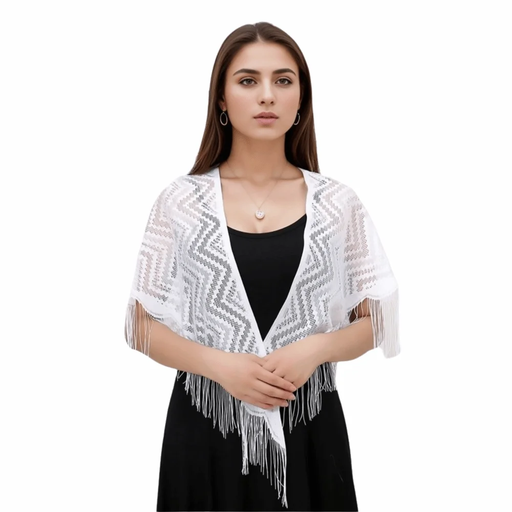 Elegant Polyester Lace Hollow Scarf Embroidery Pure Color Tassel Triangle Shawl White Transparent Mesh Scarves Wedding