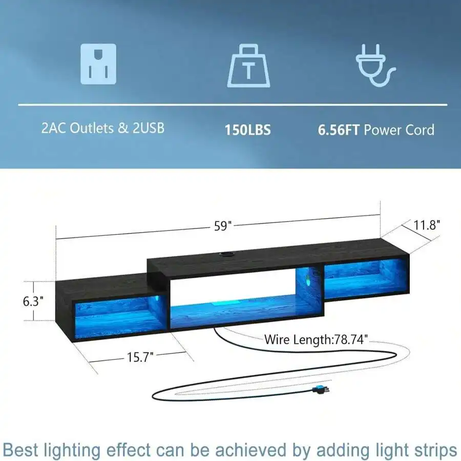 Floating TV Stand With LED Lights, Power Outlet, 59