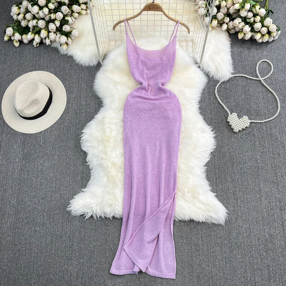 Blue/purple Summer Knit Sexy Strap Dress Women Tank Elatic Waist Bodycon Sundress Female Beach Split Backless Maxi Long Dress