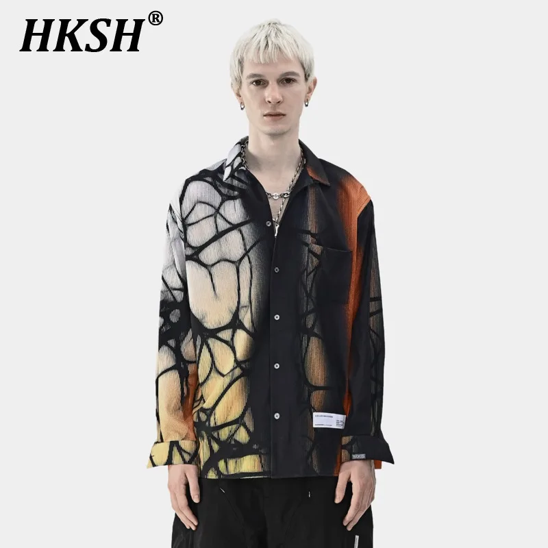 HKSH Spring Summer New Men\'s Tide Punk Full Printed Shirt Loose Non Ironing Drape Long Sleeve Hip Hop Chic Fashion Shirts HK1431