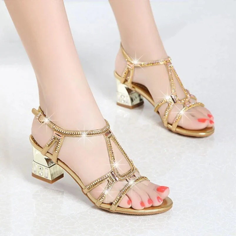 

2025 женские модные туфли-лодочки на высоком каблуке, женские сандалии с золотыми стразами, летние женские свадебные туфли с открытым носком, женские туфли на высоком каблуке, размер