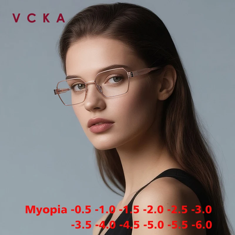 

VCKA многоугольные индивидуальные металлические женские очки для близорукости, оправа для очков по рецепту, модные деловые очки с защитой от синего света -0,50 до -6,0