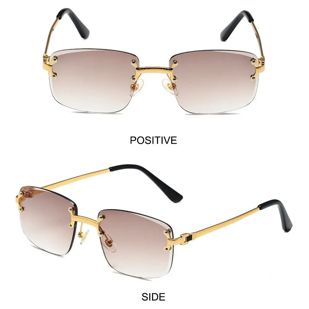 Rimless Cut Edge Rectangular Sunglasses High Quality UV Protection Gradient Lens Shades Spring Leg Sun Glasses for Women & Men