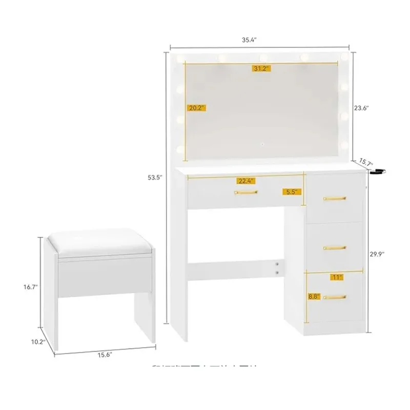منضدة الزينة الخشبية البيضاء الحديثة ماكياج الغرور مع مرآة Led ماكياج أنيق بالباطل موبليس دي دورميتوريو خفيزانات غرف نوم