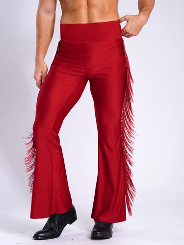 Imagen 2 del producto Pantalones de baile de Jazz Lain con flecos para hombre, pantalones Vintage de cintura alta con parte inferior acampanada, pantalones modernos para actuación de baile de salón, fiesta disco