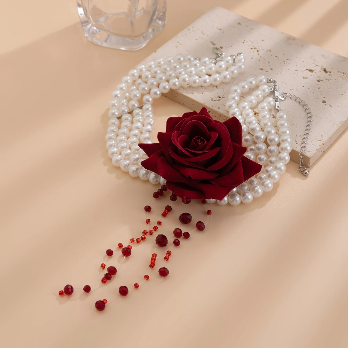 KunJoe New Gothic Black Red Crystal Tassels Chain Halloween Large Rose Flower Necklace Women Multi Layer Imitation Pearl Choker