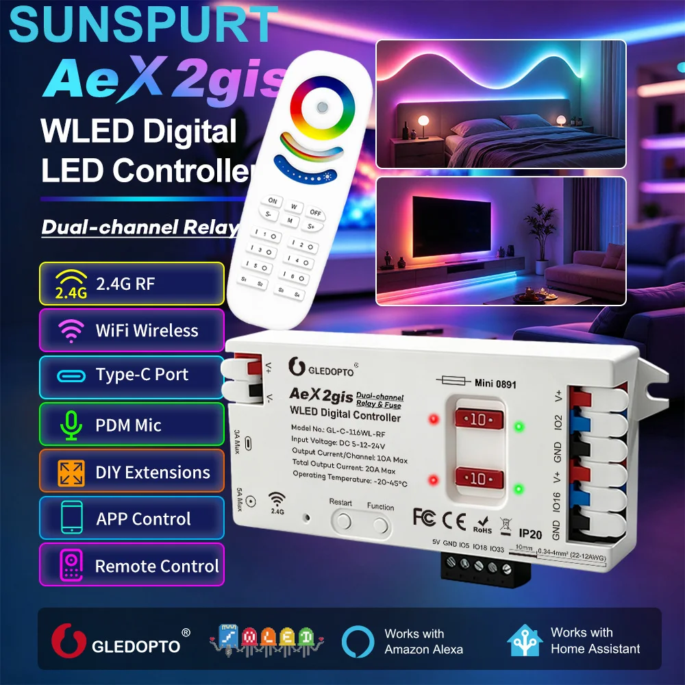 GLEDOPTO RF2.4G 2-Channel WLED Controller ESP32 Ethernet Music 20A Fuse for SPI LED Strip DIY PWM RGBCCT Matter over Thread WIFI