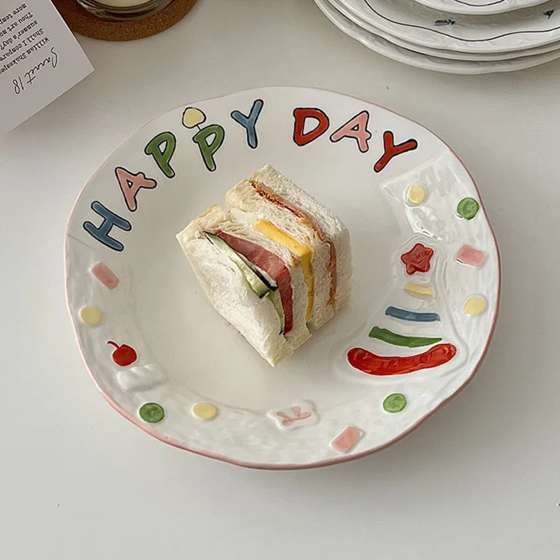 Ins Ceramic Plate Cute Household Hand Drawn Dining Plates Fashion Letter Birthday Cake Dish Colorful Fruit Salad Tableware