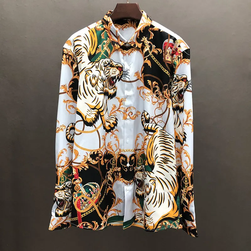 

Social Italian British Style Men Long Sleeve Shirt Fall Colorful Vintage Tiger Print Shirt Casual Shirt Dress Camisa Masculina