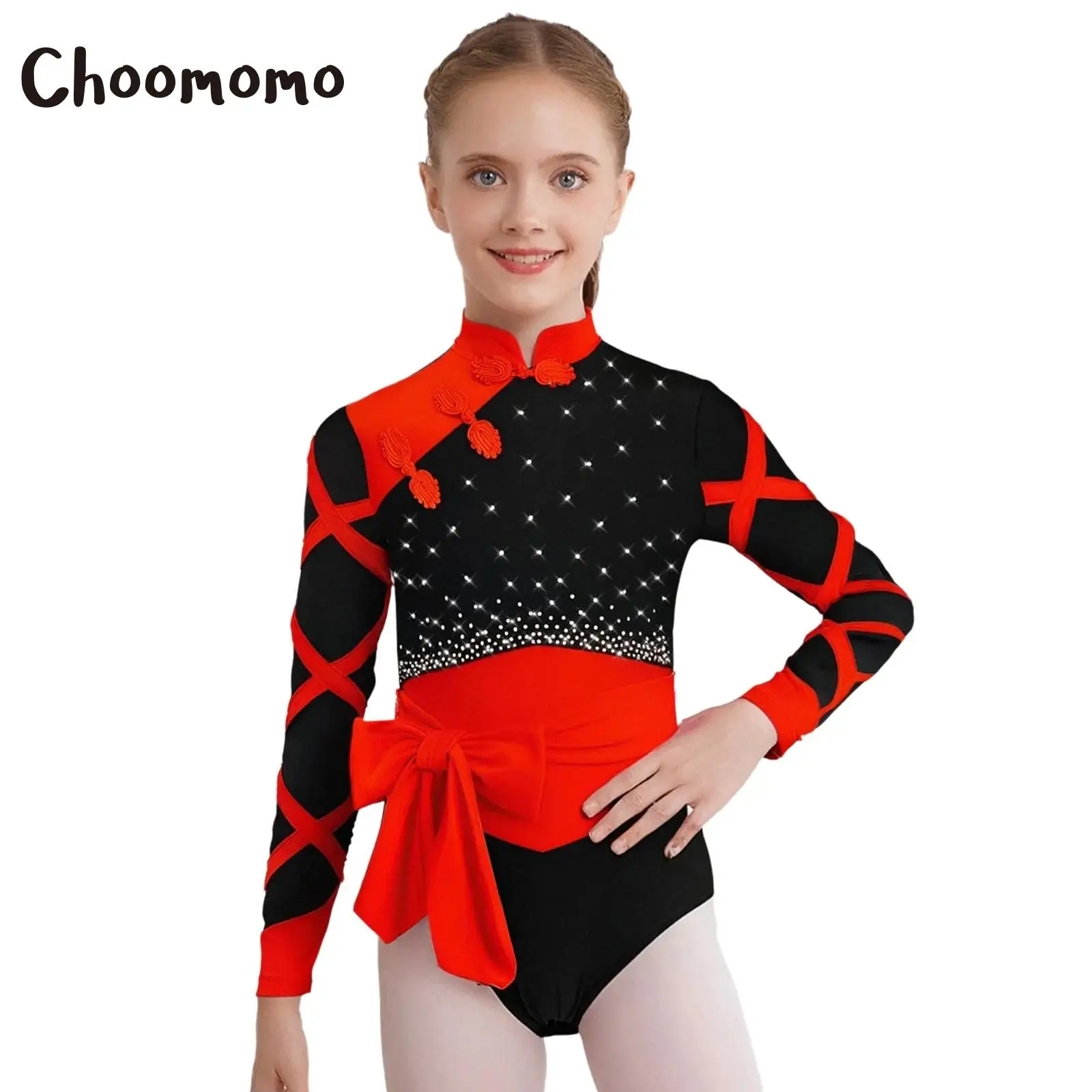 

Kids Girls Chinese Style Ballet Gymnastics Leotard Knot Button Mandarin Collar Bodysuit with Belt Cultural Festival Party Outfit
