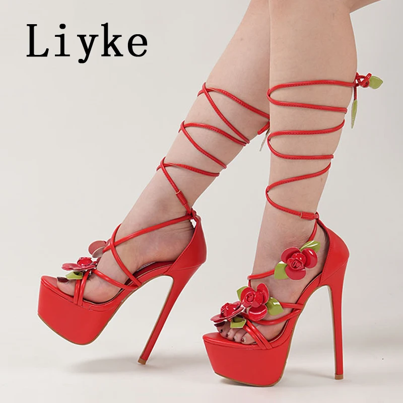 

Liyke пикантные красные свадебные банкетные туфли на высоком каблуке, модные женские сандалии на платформе из лакированной кожи с ремешком на щиколотке и цветком, размер 35-42