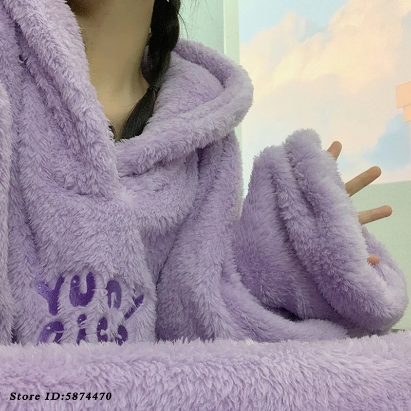 Flannel Hooded Home Clothes Loose Sleepwear Winter Women\'s Thick Coral Fleece One-Piece Nightgown Cute Big Gown Lounge Wear