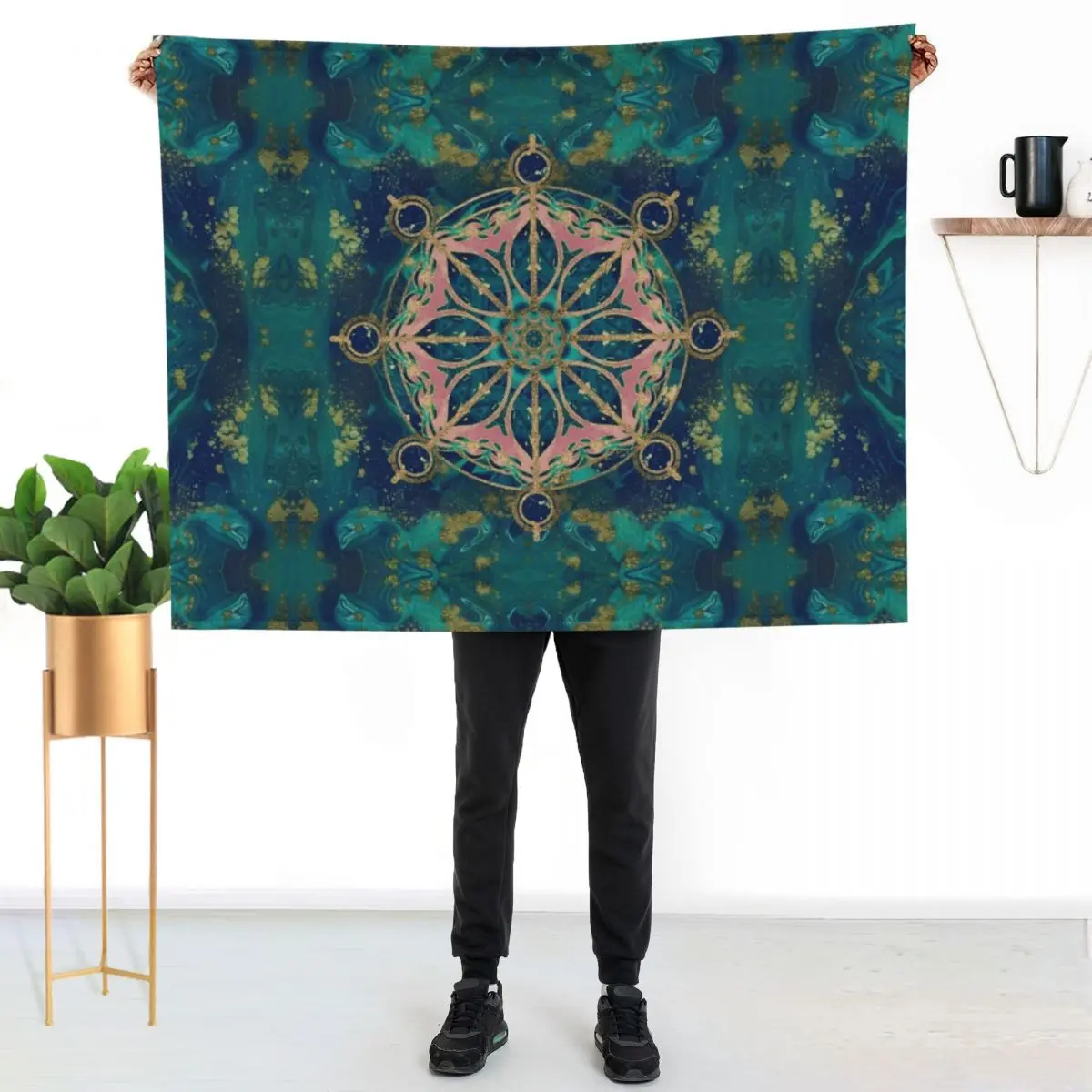 

Dharma Wheel - Dharmachakra Gemstone & Gold Throw Blanket Stain Resistant Cozy Warm Blanket