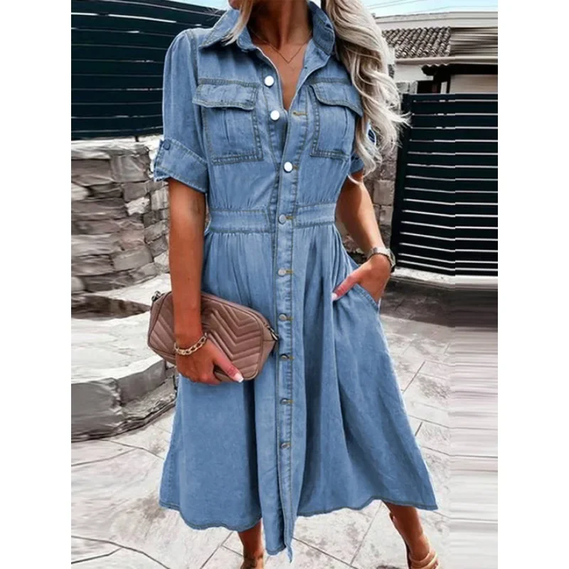 

‌Euro-Chic Slim Denim Dress - Raw Hem & Versatile Styling‌