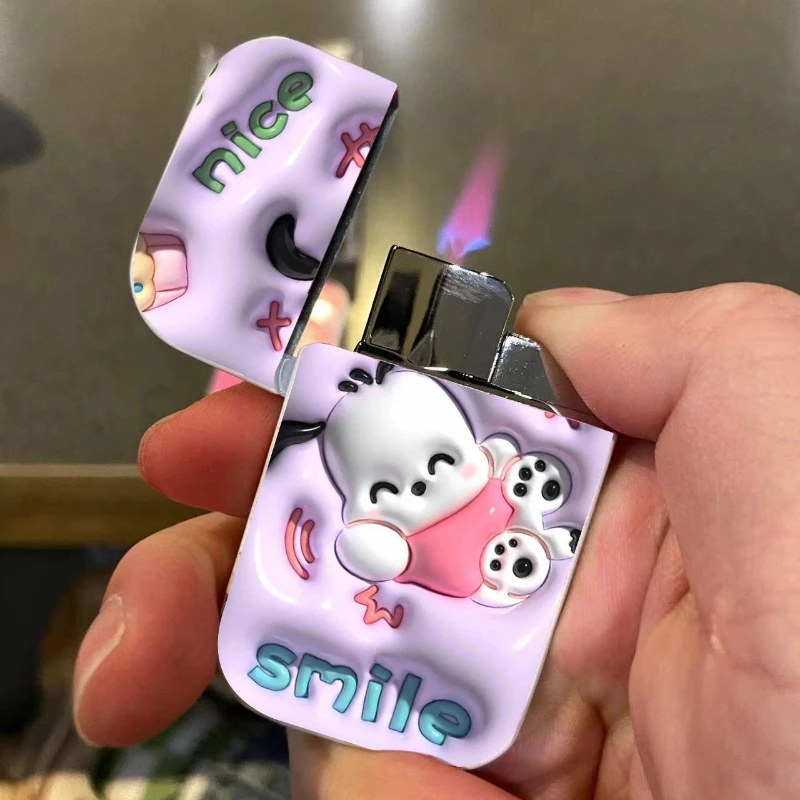 Anime Cute Pink flame Cigarettes Pocket Lighters Long Stripe Jet Metal Portable Fuel lighter Outdoor Windproof Lighter Men Gift