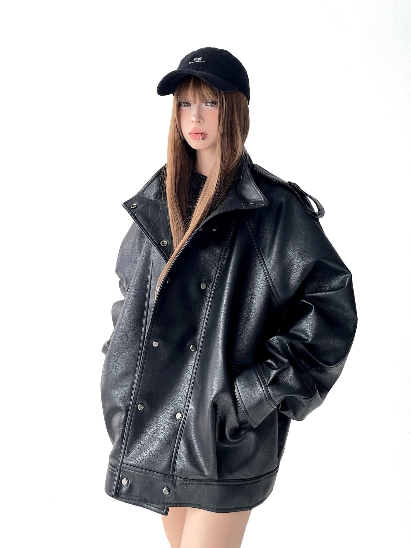 2025 novo americano retro couro jaet outerwear legal solto roupas da motocicleta couro do plutônio rua sle para meninas adolescentes