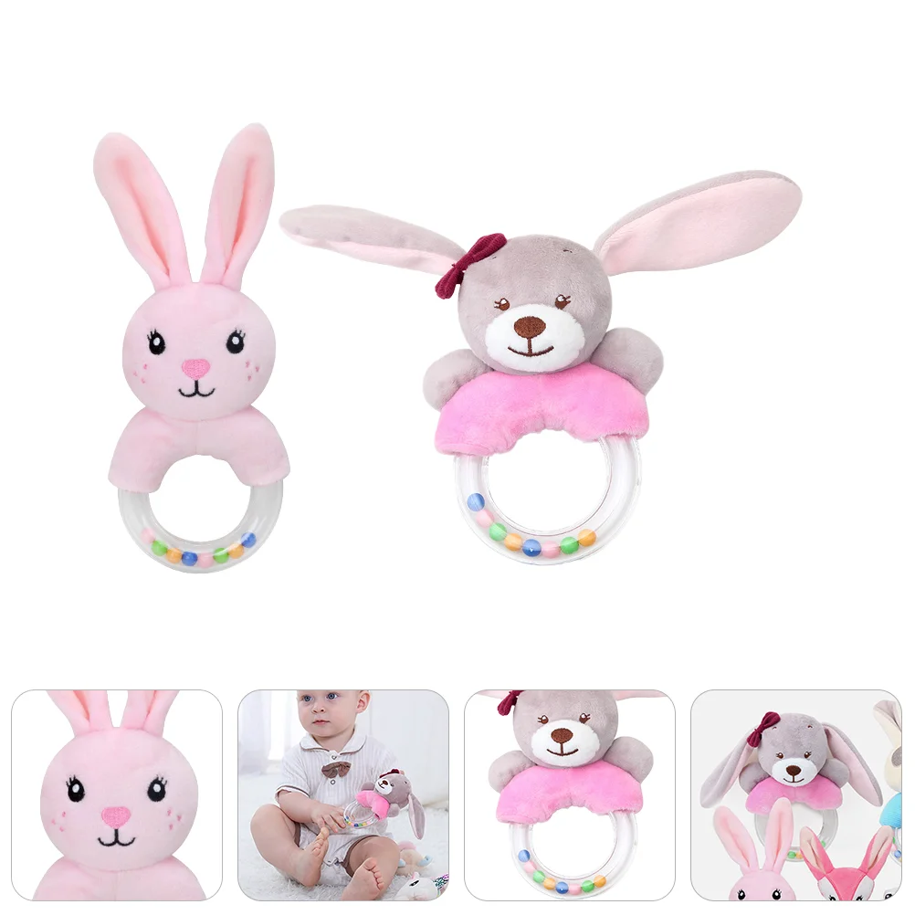 

2 Pcs Bunny Hand Bell Ring Plush Baby Cartoon Animal Infant Pink Shaker