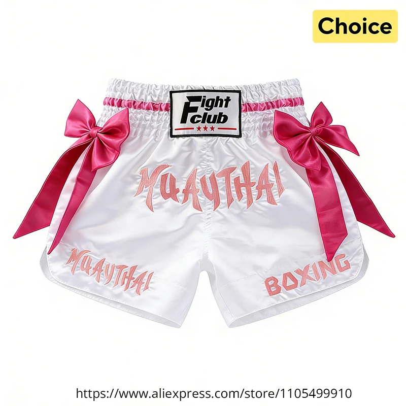 Muay Thai Boxing Shorts Bow Tie Ribbon Satin Elastic Waist Kickboxing Pants Martial Arts MMA Fight Shorts Adult Men Women Kids