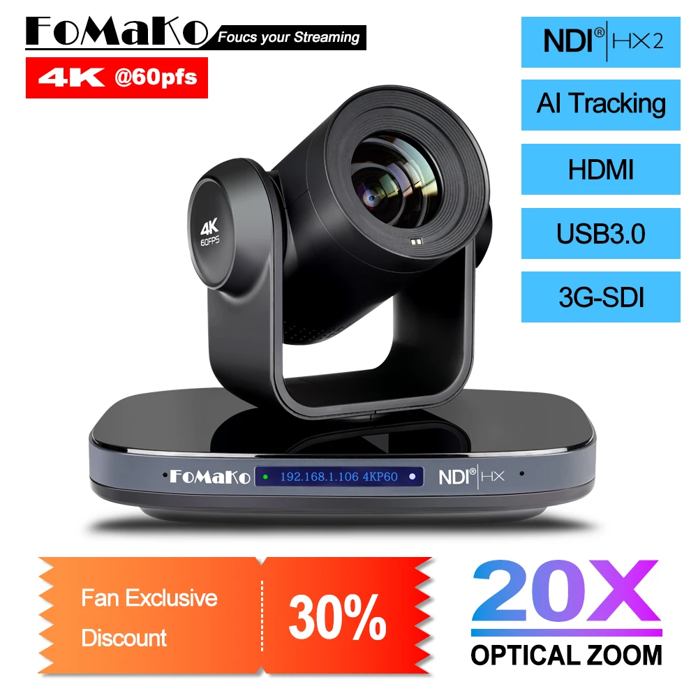 

FoMaKo 4K NDI Camera 60FPS 20X Optical Zoom AI Auto-Tracking HDMI Live streaming Camera USB3.0 3G-SDI 4K PTZ Camera for Church