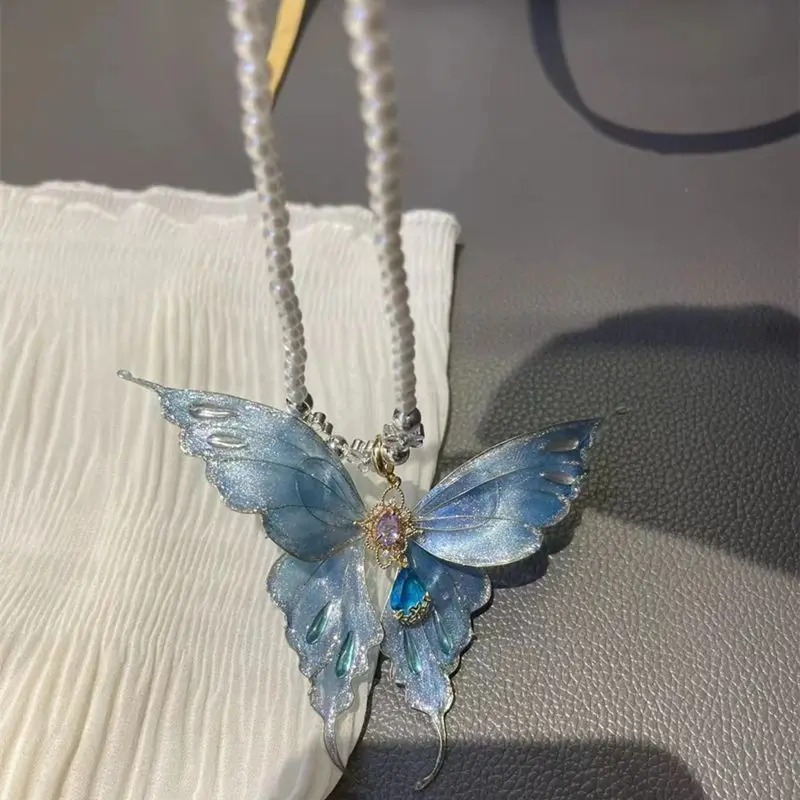 قلادة على شكل فراشة جديدة لطيفة للشفاء من اللؤلؤ الأزرق قزحي الألوان #6