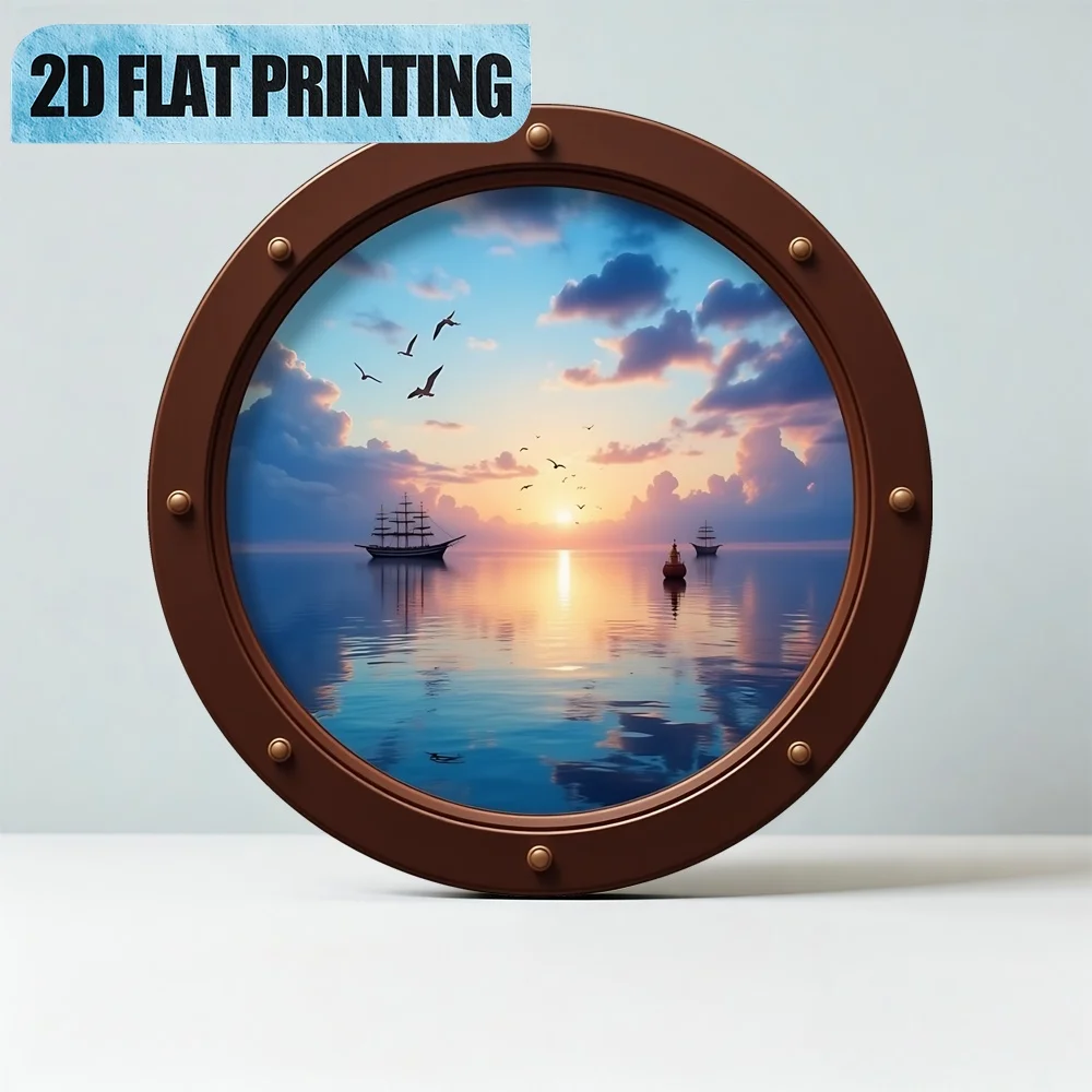 2D Flat - A Circular Wall Decoration Featuring a Porthole And a View of The Ocean. Retro Design, Measuring 11.81X11.81inch, Idea