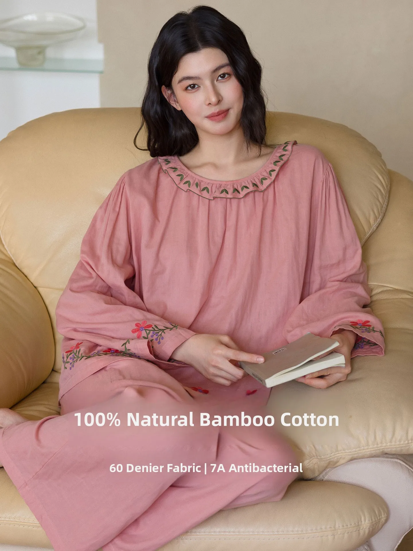 

Pure Cotton Fce Nightgown Women's Long Sve Embroidered Spwear Home Clothes Set Sweet Sle Suitable for Outdoor