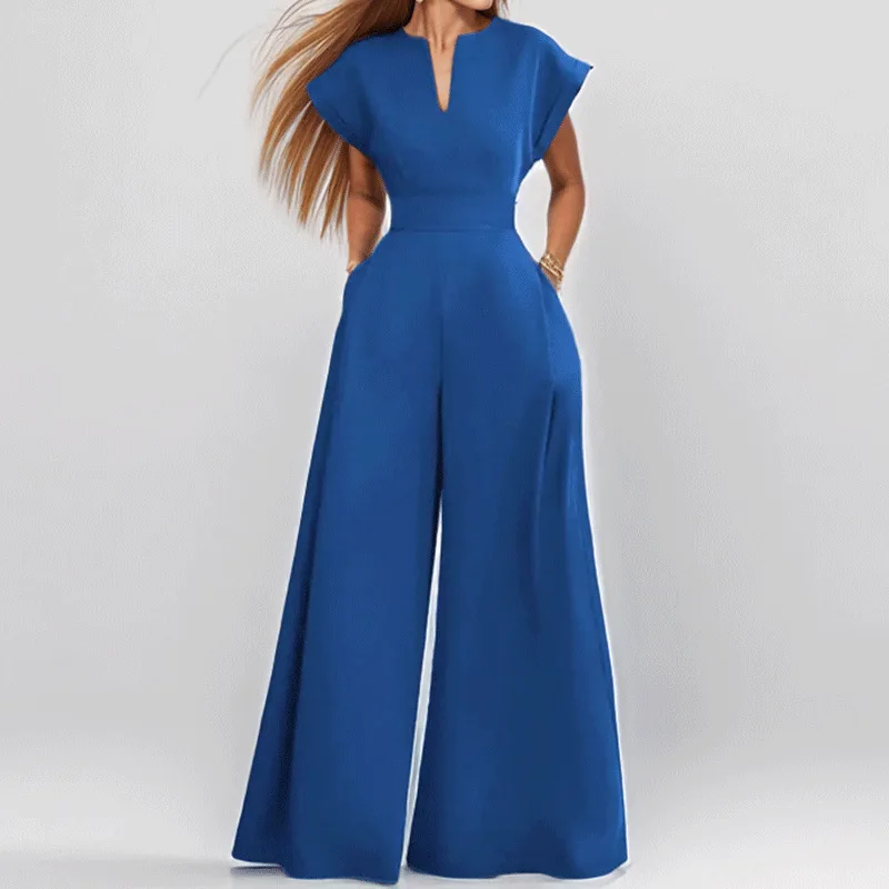 Fashion Elegant Solid Color Jumpsuits Women V-neck Short Sleeves Loose High Waist Wide Legs Jumpsuit Female Commuting Clothing