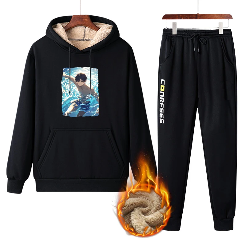 

Men's Casual Hoodie Set Loomed Lamb Velvet Loose Fit Autumn Winter Faion Long Sve Pants Polyester Youth Sportswear