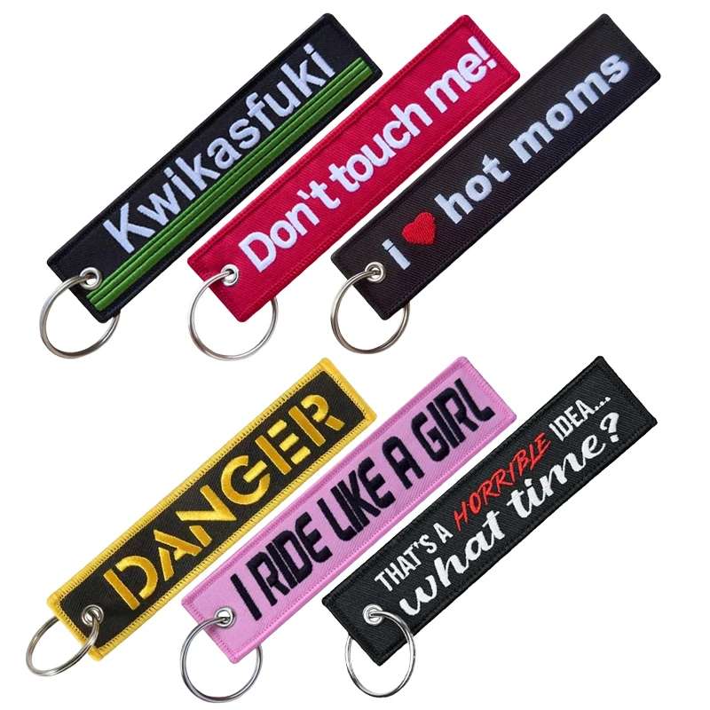 I Love Hot Moms Kwikasfuki Don't Touch me Both Sides Embroidery Patterns Funny Keychain Motorcycle Red Tag Keychain