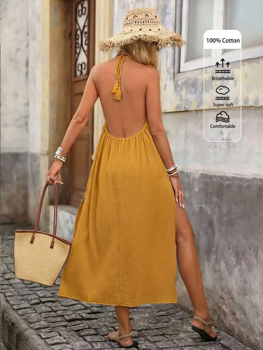 

Solid High Slit Halter Neck Backless Summer Women Beach Long Dress