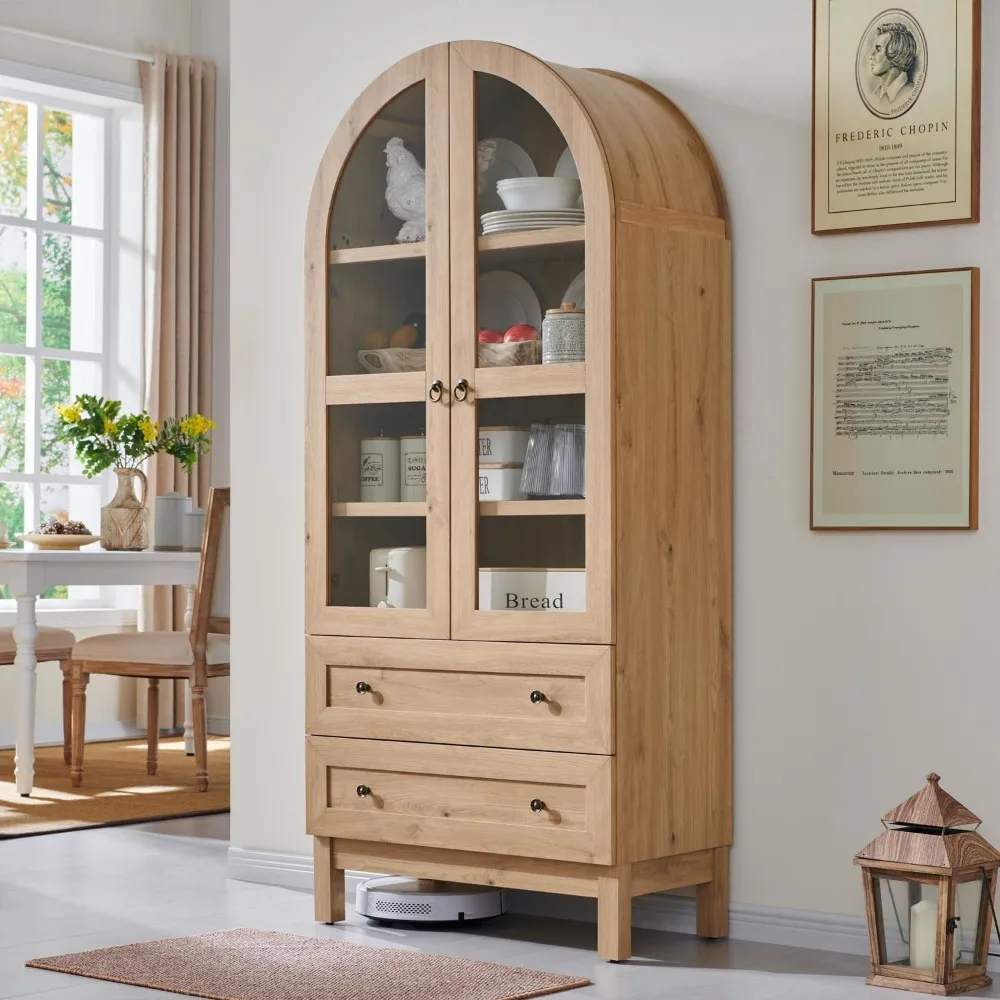 71" Tall Arched Kitchen Pantry, Modern Farmhouse Wood Kitchen Storage Cabinets with 2 Large Drawers and Adjustable Shelves, Vers image 3