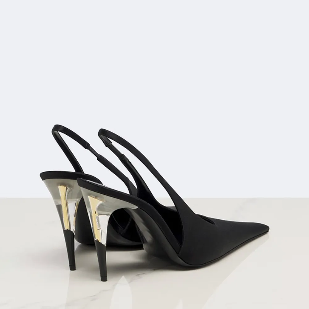 Women Satin Pointed‑Toe Stiletto Pumps with Clear Heel, Elegant Back Strap Dress Heels for Formal Dating Club Occasions view 2