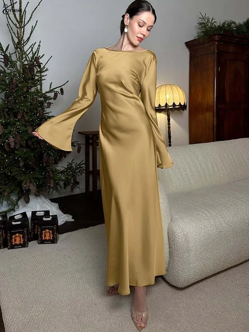 

Oymimi Elegant Golden O-Neck Dresses For Women Fashion New Long Sleeve Lace-Up Slim Dresses Casual Straight Ankle-Length Dress