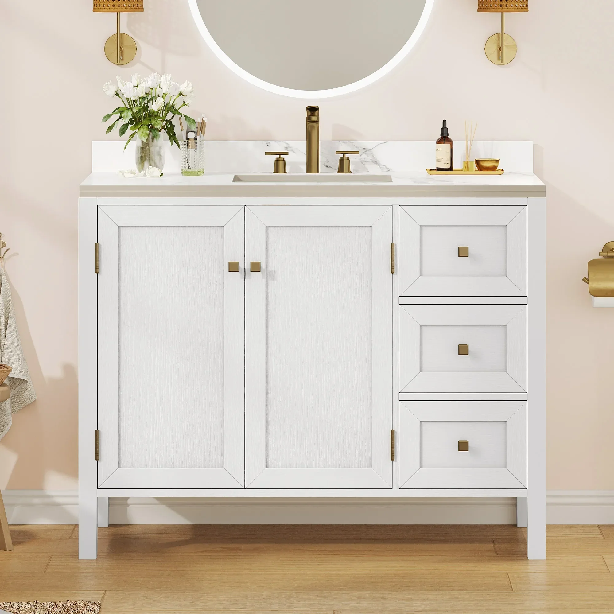 Modern Bathroom Vanity with Sink Combo & Splash Guard , Freestanding Bathroom Storage Cabinet with 3 Drawers & 2 Doors, White