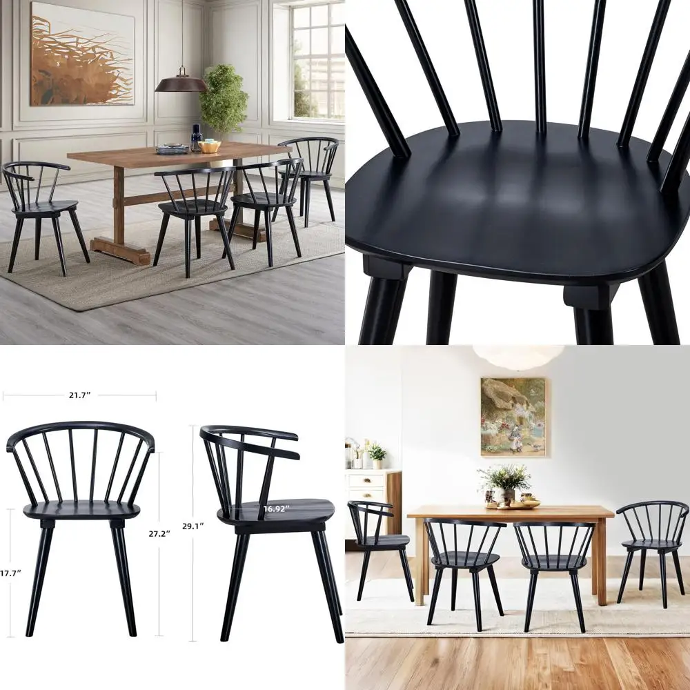 Set of 4 Black Wooden Windsor Chairs with Spindle Back and Arms, Farmhouse Style Kitchen Chairs, Mid-Century Modern Design