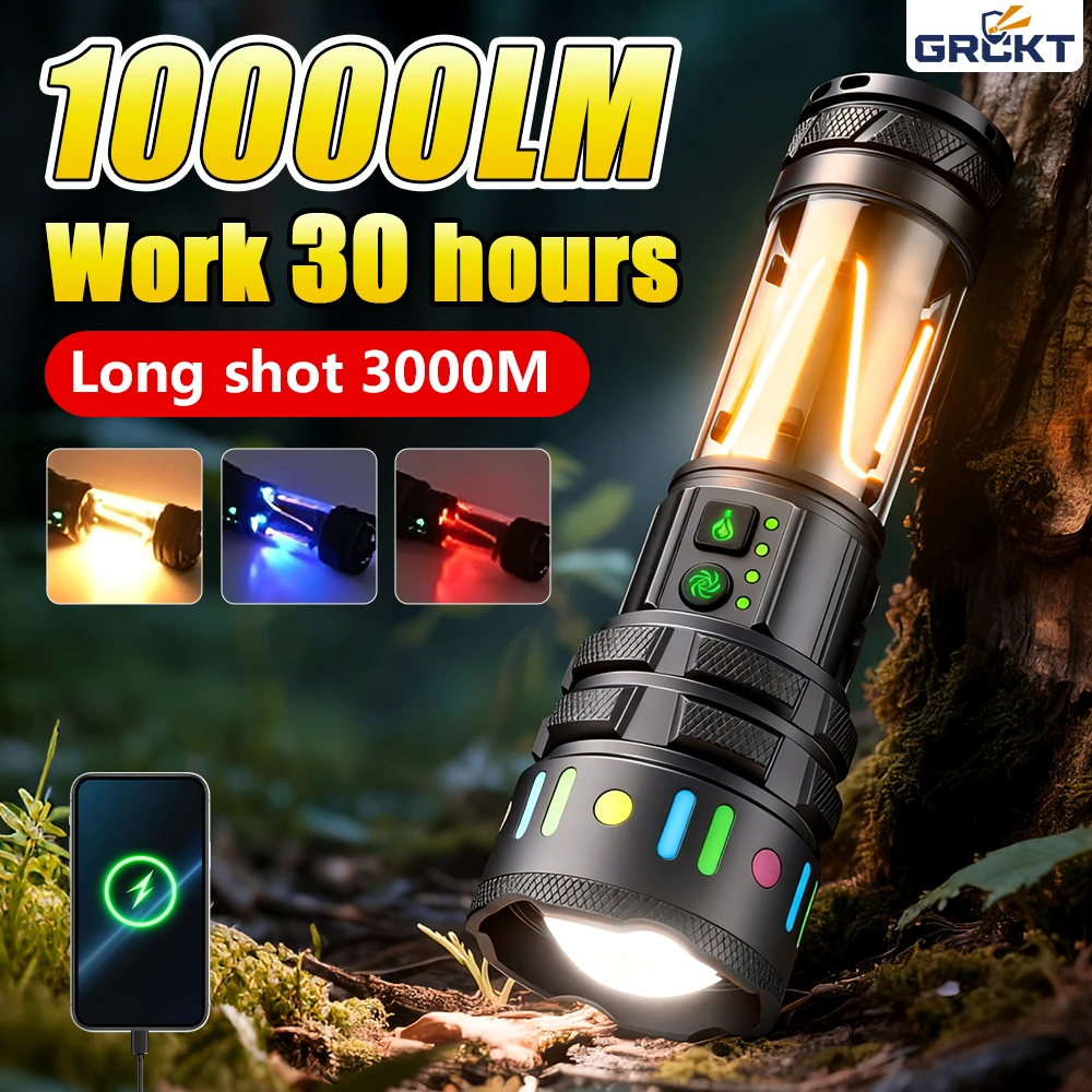 10000LM Flashlights Rechargeable High Power Zoomable Ultra Powerful Torch Portable Lamp Waterproof Outdoor Camping Lantern 18650