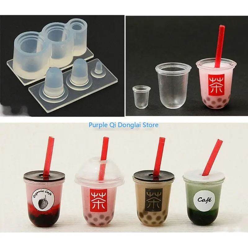 L21E Handmade 3D Mini Milk Tea Cup Bottle Pendant UV Resin Casting Mold Silicone Mold Miniture for Play Mold Craft T