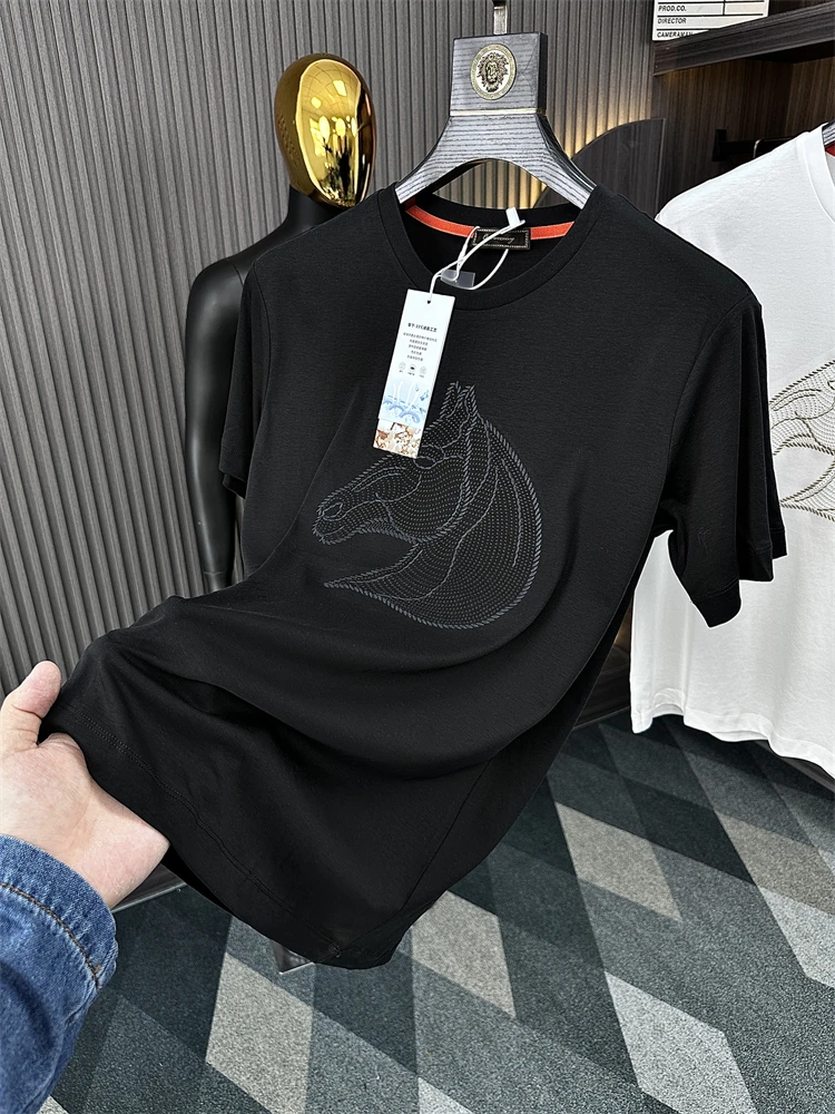 Cloud-Like Smooth 80-Thread Liquid Ammonia Island Cotton Silk Process Short-Sleeved T-Shirt for Men Fashionable Urban Style C...