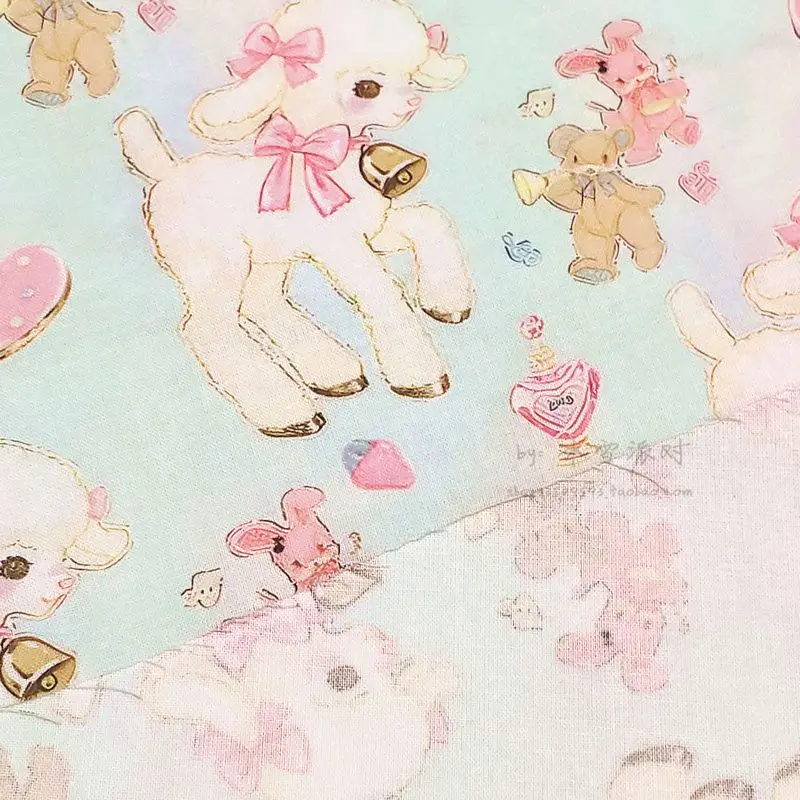 BB49 - BTY 1 Yard Cotton Woven Fabric - Kawaii Cartoon Characters, Cute Japanese Showa Animals Little Lamb - Mint