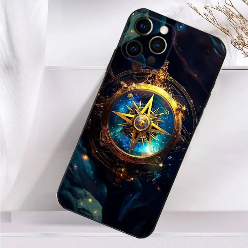 حافظة هاتف بوصلة فنية جغرافيا لهاتف آيفون 16,15,14,13,12,11 Plus,Pro Max,XS,X,XR,SE,Mini,8,7 غطاء أسود من السيليكون الناعم #6