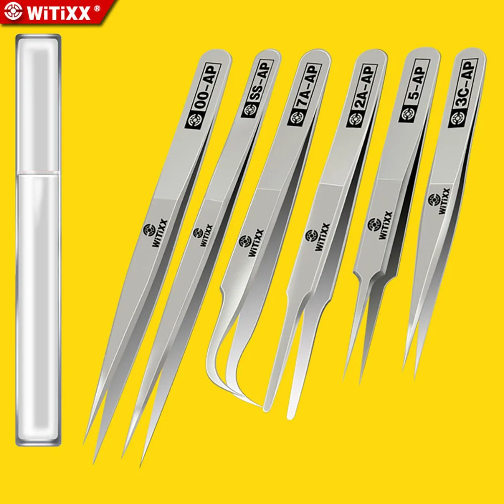 Pack of 6 pcs WiTiXX AP Tweezers Precision Tools for Repairing Mobile, Making Jewelry Works, Blackhead Remover, Makeup Tools