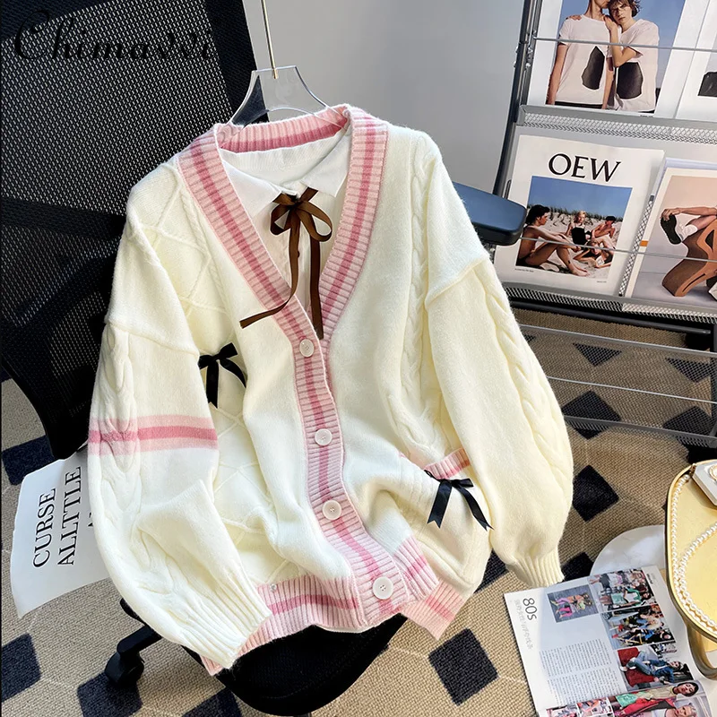 Preppy Style Cute Bow Patchwork Knited Cardigan Autumn Winter Japanese Sweet V-neck Single Breasted Loose Casual Pink Sweater