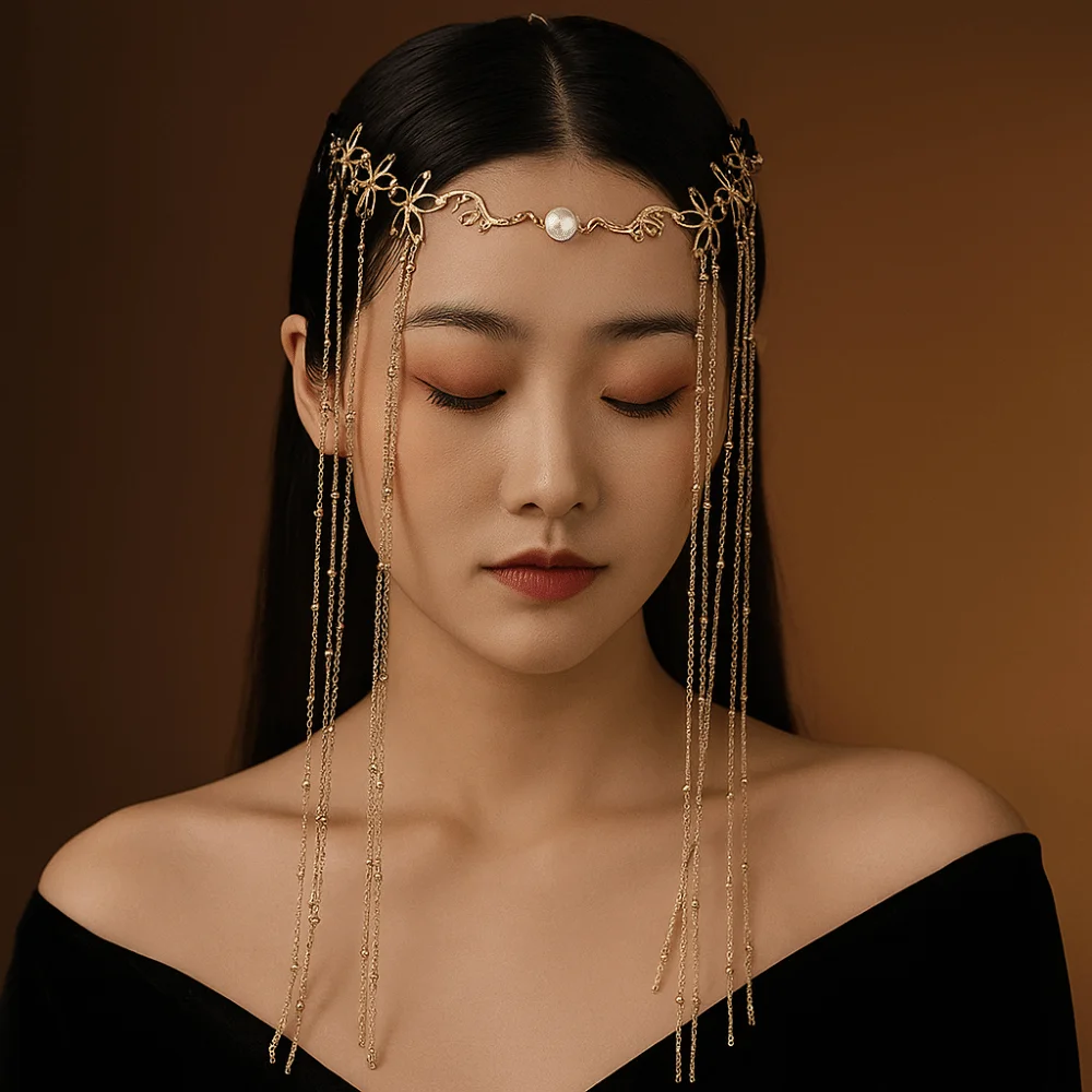 

Блестящий дизайн, цепочка на голову со стразами, сверкающая цепочка на лоб в стиле ретро, длинная кисточка ручной работы, головной убор с кристаллами, украшение на лоб