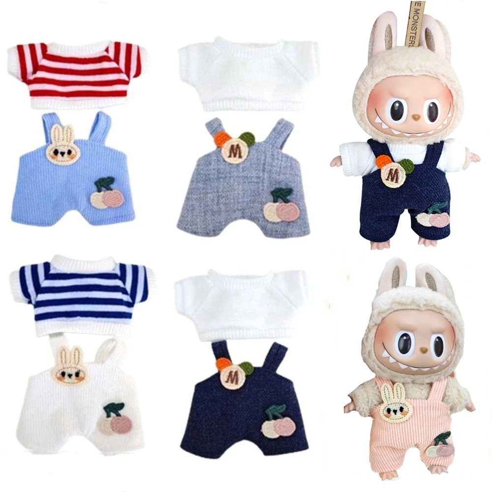 17cm Mini Plush Doll'S Clothes Outfit Accessories For Korea Kpop Exo Labubu Idol V1 V2 Corduroy overalls T-shirt Clothing Gift