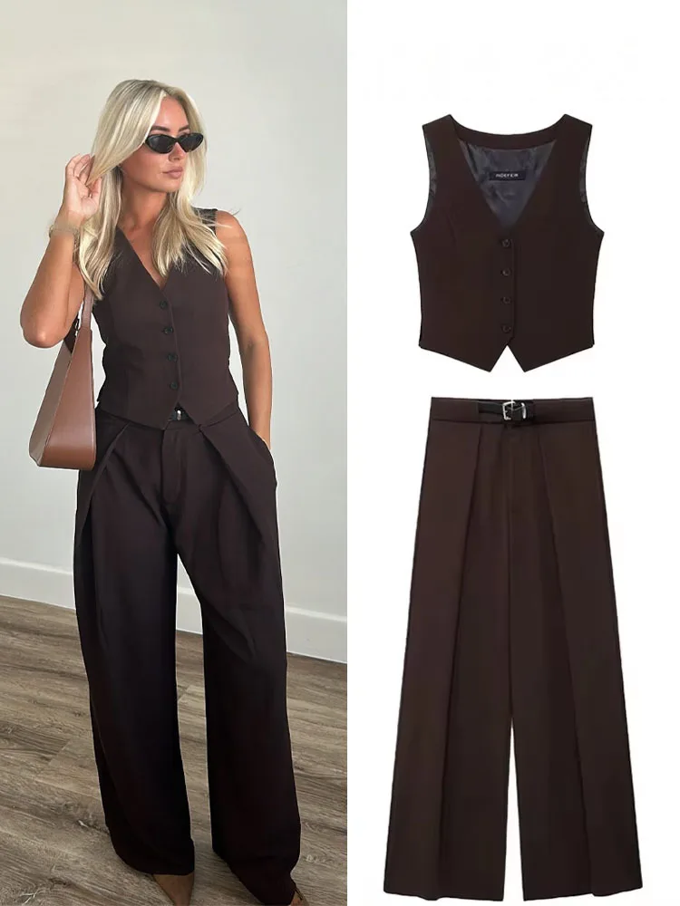 

HH женские комплекты с v-образным вырезом без рукавов и боковым разрезом, однобортный жилет + карманы с высокой талией, широкие брюки, женский модный костюм