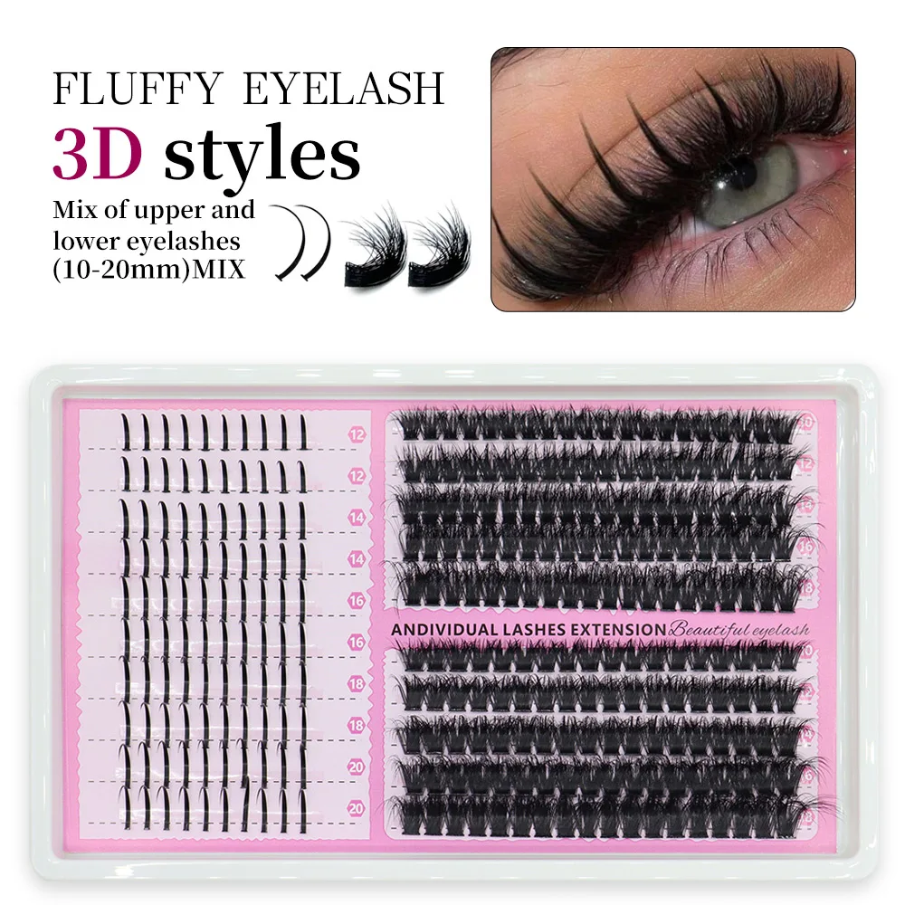 Handmade PBT Fairy Hair Mixed Upper And Lower False Eyelashes DIY Segmented Fill Black Matte 20 Rows High Capacity Mixed