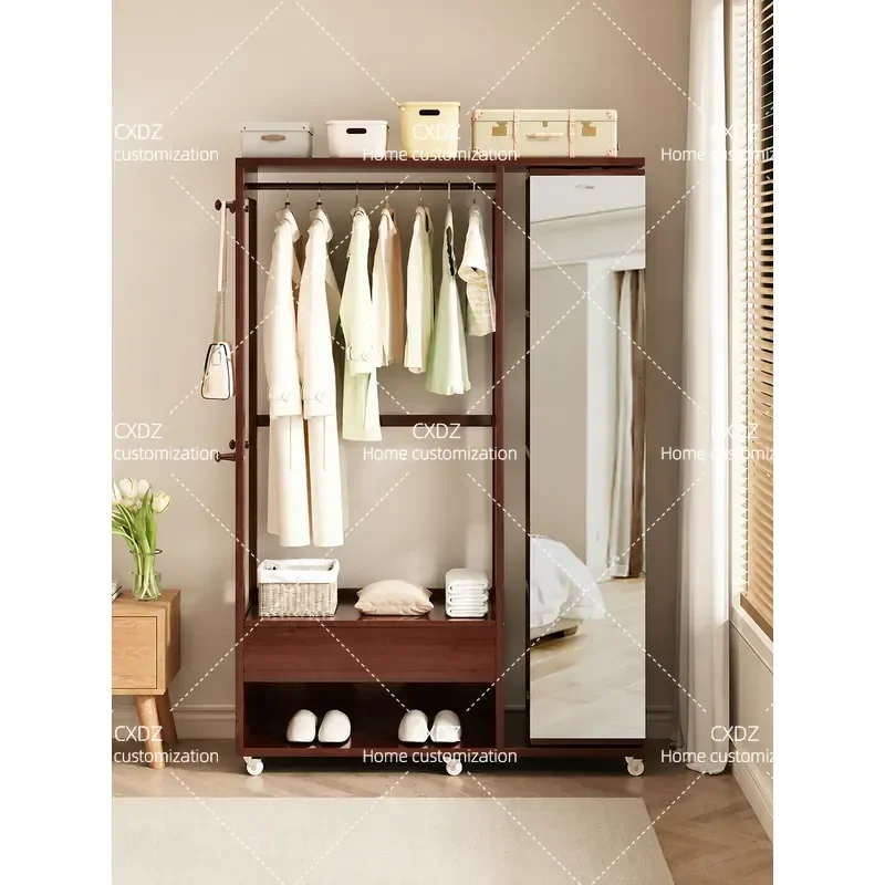 Solid Wood Full Length Mirror with Coat Rack and Drawer Storage Cabinet Multi Functional Floor Standing Clothes Organizer